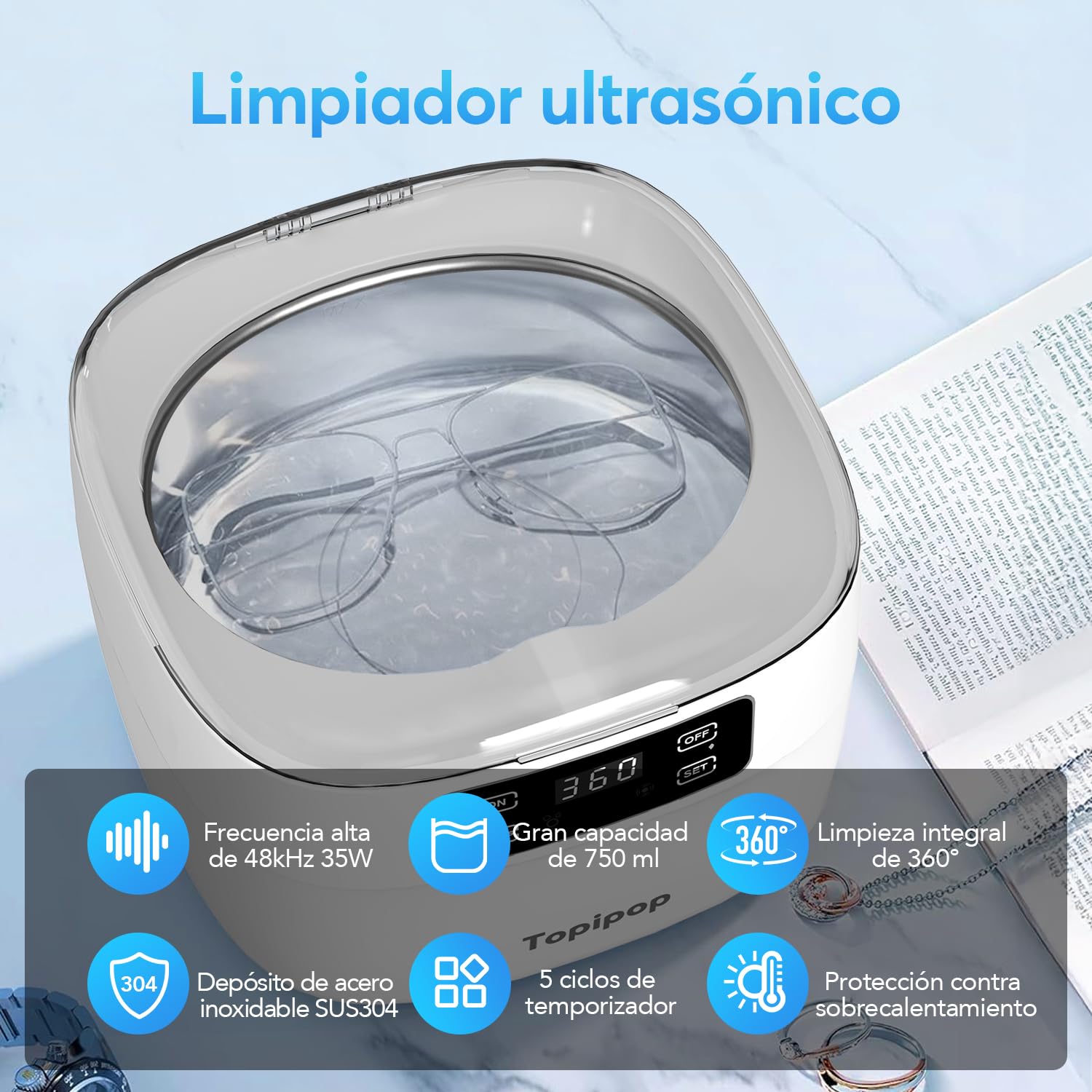 Topipop Dispositivo de limpieza ultrasónica, 48000 Hz, limpiador ultrasónico, 750 ml, limpiador ultrasónico de 5 modos, para limpiar gafas, joyas, relojes, anillos, cuchillas de afeitar, etc. (blanco)