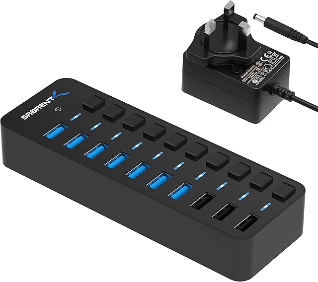 Sabrent 60W 10-Port USB 3.0 Hub with 7-Port + 3 Smart Charging Ports with Individual Power Switches and LEDs includes 60W 12V/5A power adapter (HB-B7C3)