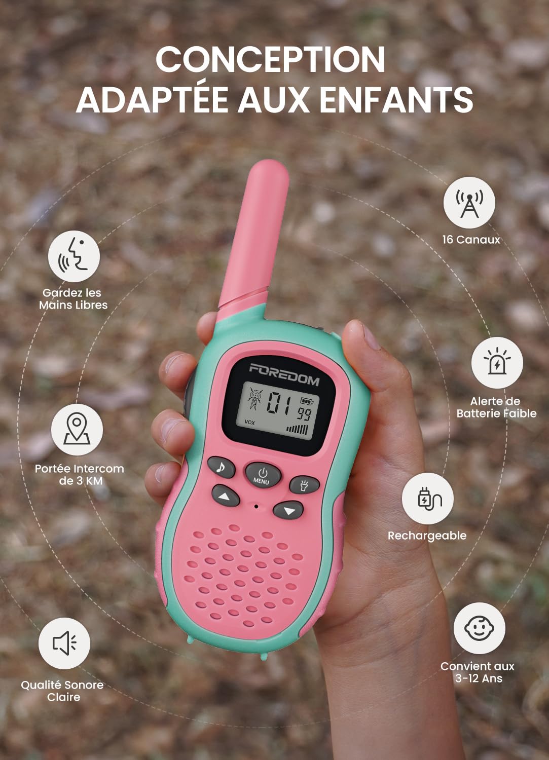 FOREDOM Talkie Walkie Enfants Rechargeable, Talkie-Walkie Longue Portée pour Garçons & Filles de 3-12 Ans avec Lampe, Lot de 2 - Rose