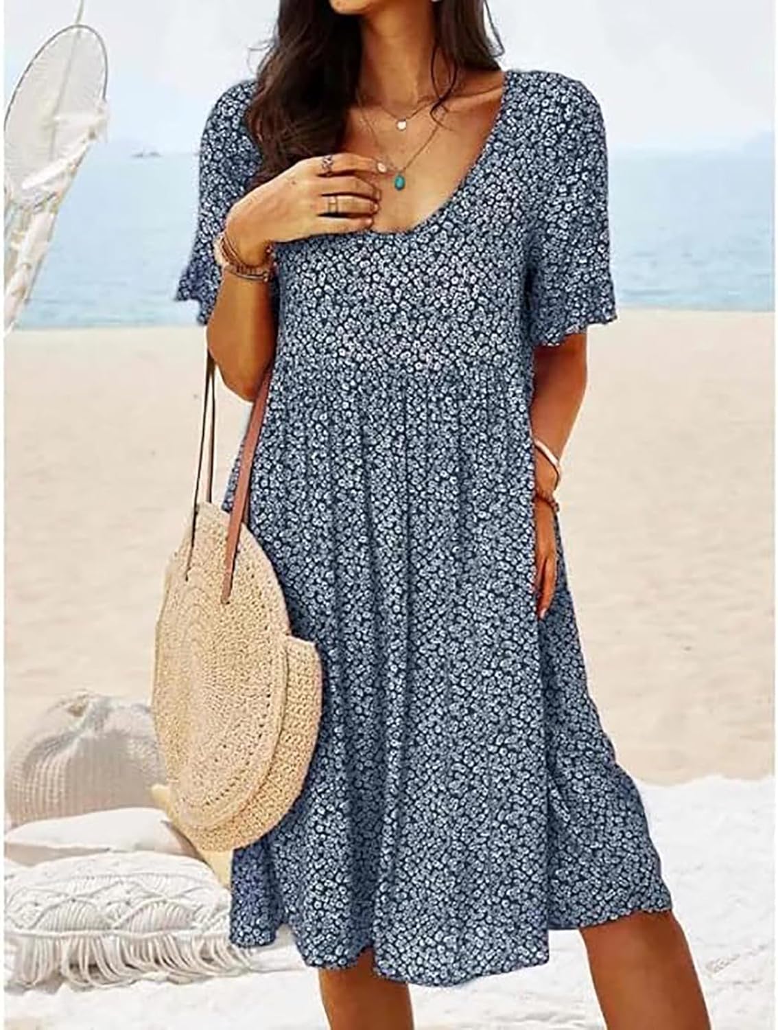 Navy L Summer Dresses for Women 2025 Boho Ditsy Floral A Line Flowy Midi Sundress Short Sleeve Scoop Neck Casual Loose Short Dresses - Image 2
