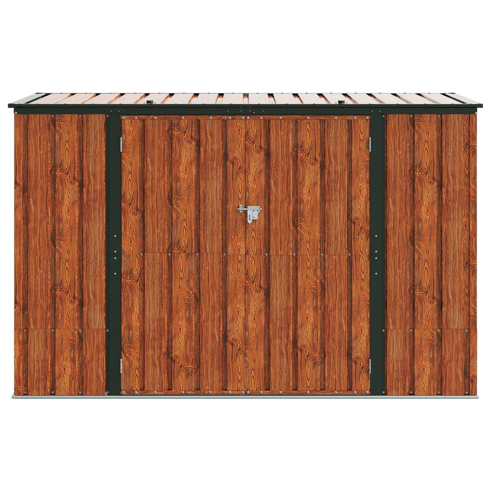 Skrzynka ogrodowa ze stali, 214 x 82 x 132 cm, zamykana, brązowa, pojemna półka na narzędzia i akcesoria zewnętrzne, z bezpiecznym zamknięciem, minimalistyczna