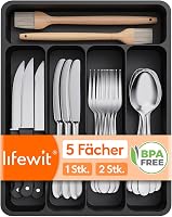 Lifewit Evőeszköz Rendszerező Fiókba - 5 Rekeszes Műanyag Konyhai Szervező Tálca Kanalaknak, Villáknak - Fekete, BPA-mentes, 32x23x4 cm 1