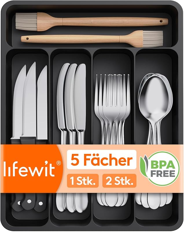 Lifewit Evőeszköz Rendszerező Fiókba - 5 Rekeszes Műanyag Konyhai Szervező Tálca Kanalaknak, Villáknak - Fekete, BPA-mentes, 32x23x4 cm