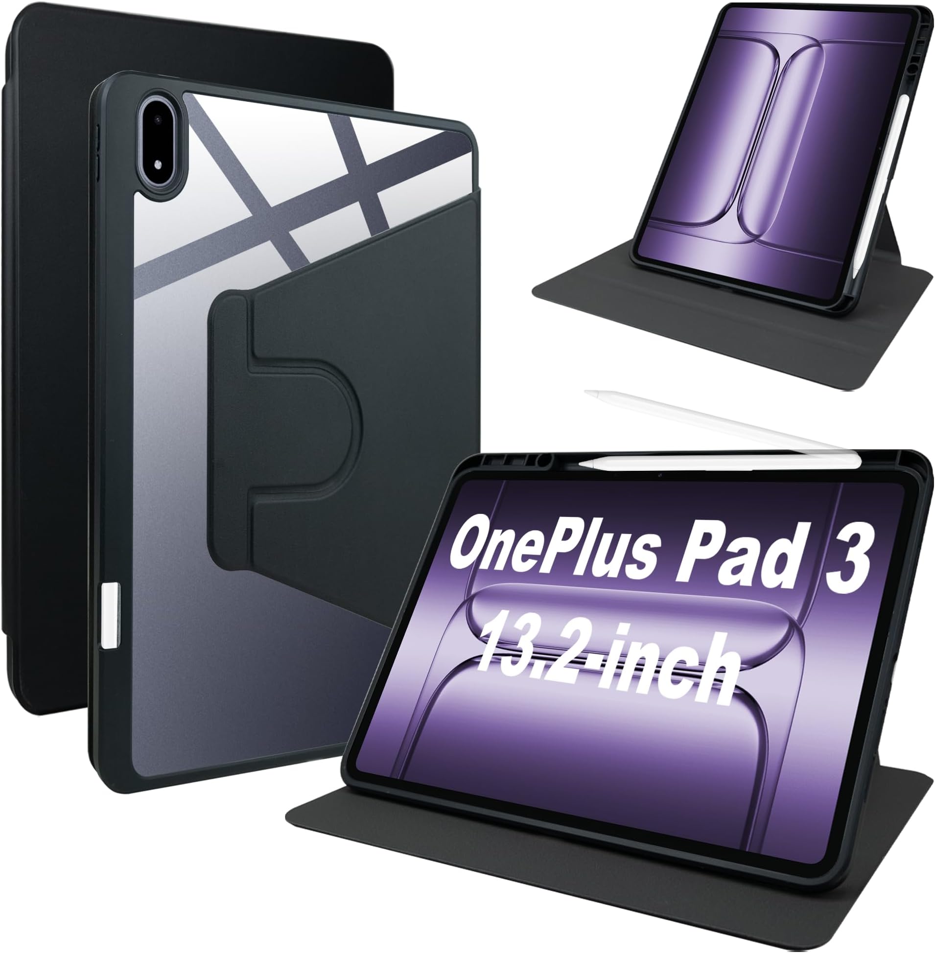 for OnePlus Pad 3, PC 360°Swivel case with Pen Slot, Lightweight,Scratch Resistant, Black for OnePlus Pad 3 13.2 inch 2025