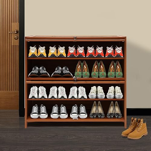 Zapatero de bambú de 4 niveles con puerta de entrada, banco de almacenamiento organizador de zapatos para pasillo, sala de estar, apartamento,