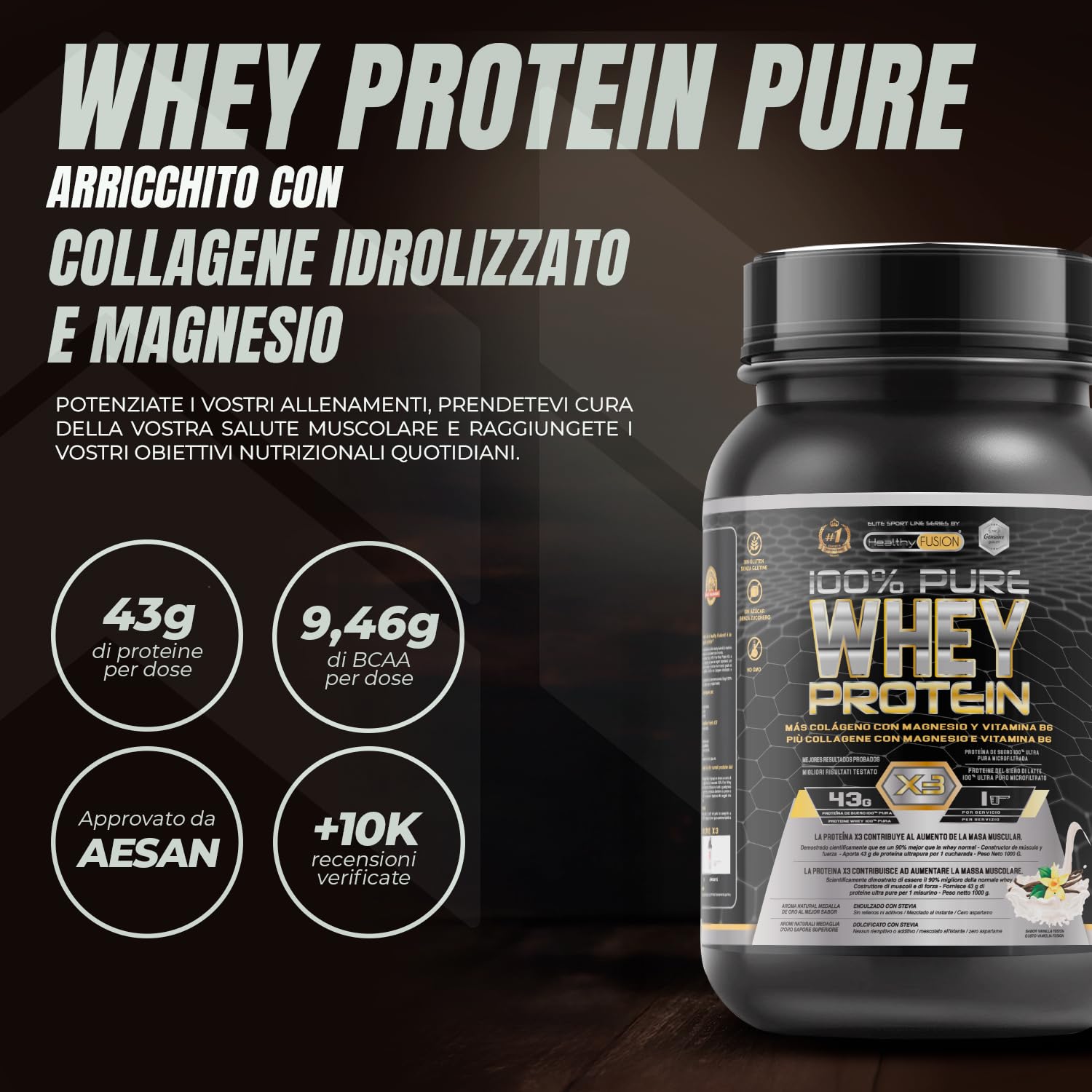 Healthy FUSION Whey Protein 100% pura, Proteine whey + Collagene + Magnesio, Proteine del Siero di Latte isolate per lo sviluppo muscolare, Massa muscolare pulita, 1000g (Vaniglia)