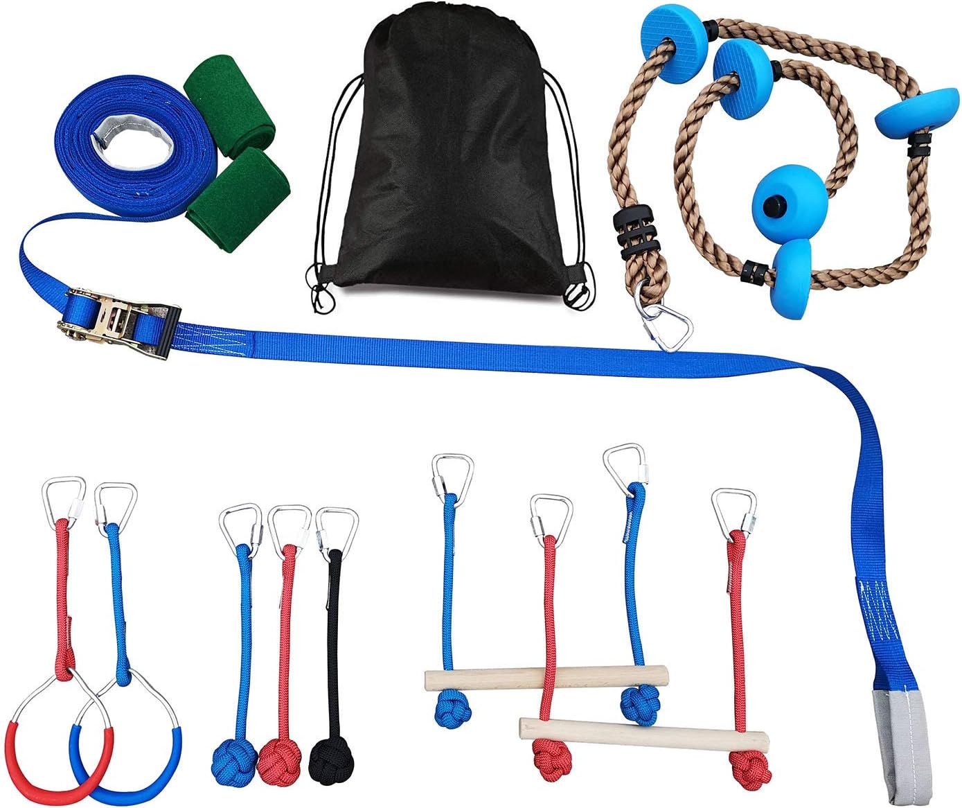 Ninja Obstacle Course for Kids Gymnastic Junior Training Equipment Backyard Obstacles Kit - 2 Monkey Bars, 2 Gymnastics Rings, 3 Knot Fists,6.5ft Climbing Rope