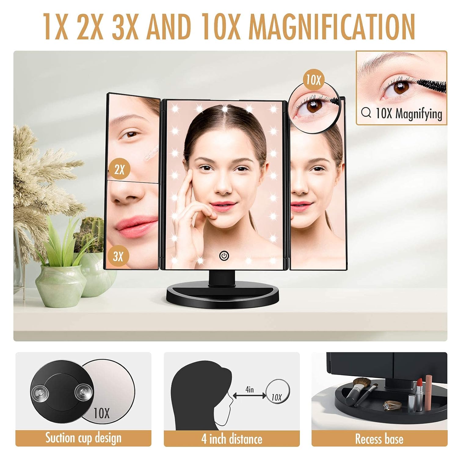 FASCINATE Trifold Led Lighted Makeup Mirror, 2X/3X/ Magnification Vanity Mirror with Lights, 180° Rotation Touch Screen Cosmetic Mirrors, Dual Power Supply Beauty Mirror, Girls Xmas Gift (Black) : Beauty & Personal Care