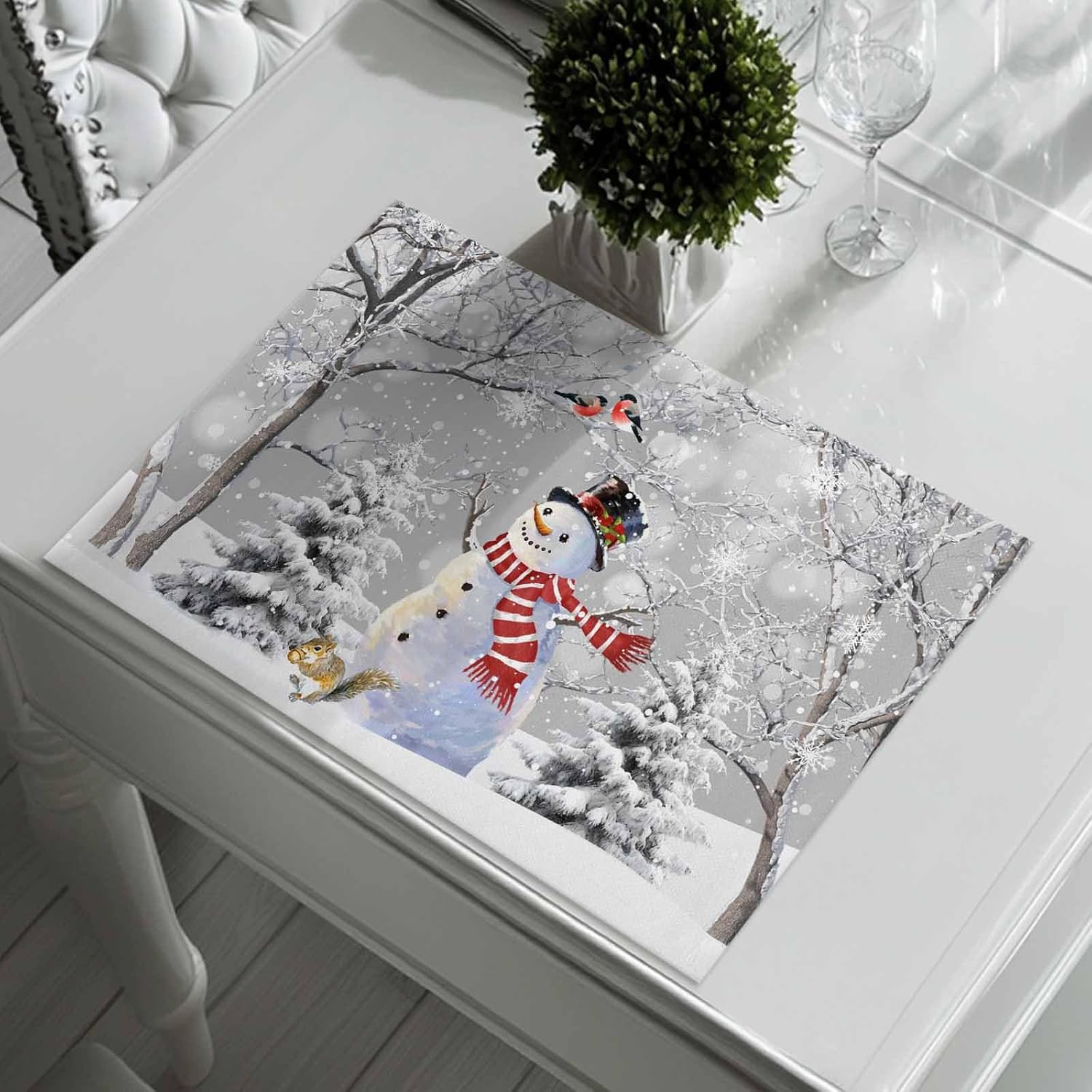 Snowflake Christmas Winter Placemats Set of 4, Washable Cotton Linen Table Mats for Kitchen Dining Table, Heat Insulation Place Mats for Indoor Outdoor Parties, Holiday Decorations