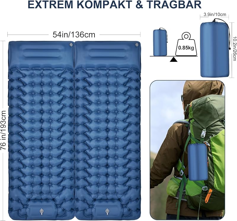 Haksimey Önfelfújó Ultrakönnyű Kempingmatrac - Lábpumpával, Beépített Párnával, 8 cm Vastag, Vízálló, 300 kg Teherbírás, Túrázáshoz, Utazásh