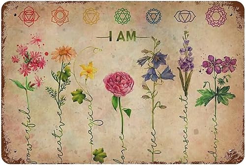 VIOFLOW Letrero de metal vintage con texto en inglés "I Am Powerful Creative Magical Love Flower Yoga Lovers Día de San Valentín, divertido letrero