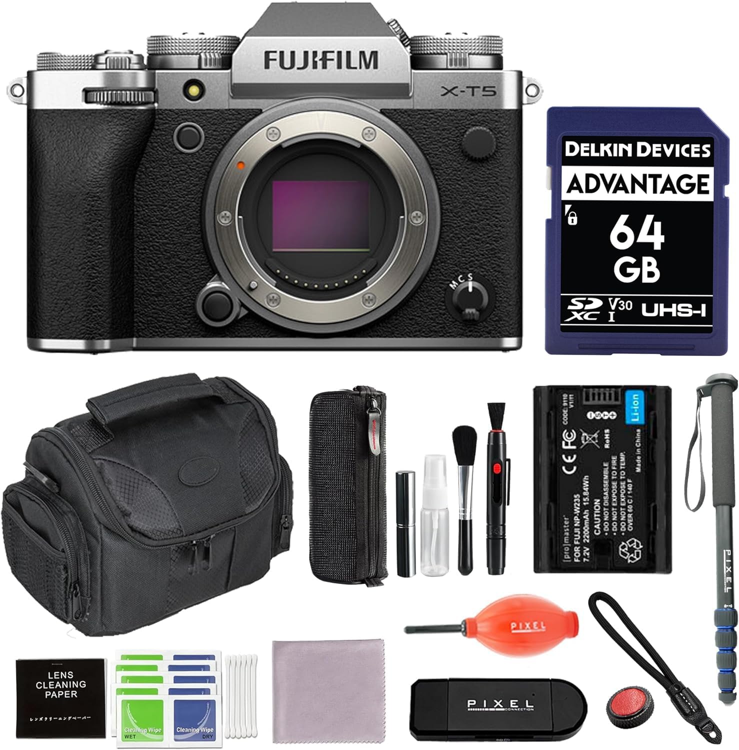FUJIFILM X-T5 Mirrorless Camera (Silver) Bundle with Extra Battery, Monopod, 64GB SDXC Card & More | USA Authorised with Fujifilm Warranty | Fuji x-t5