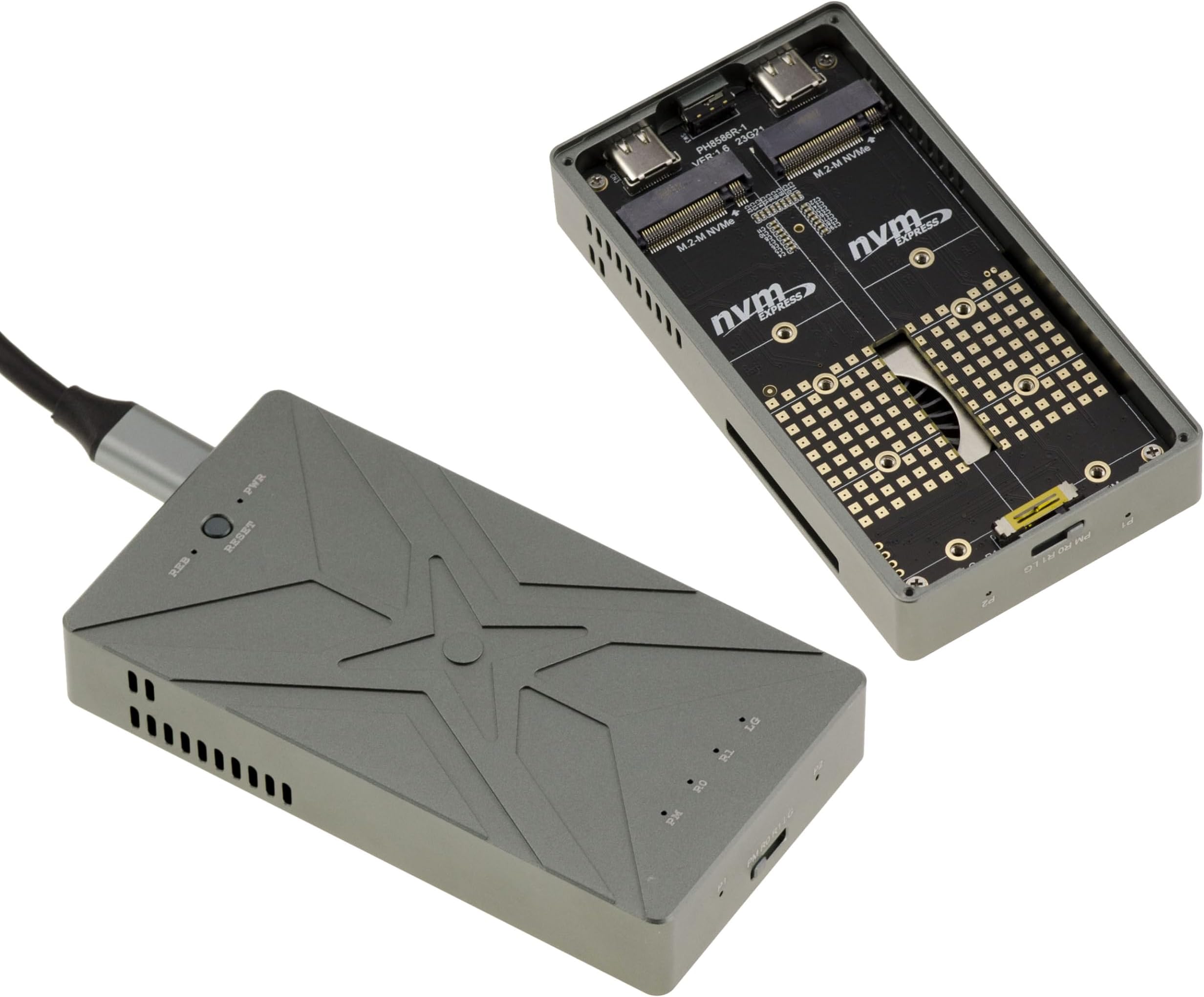 KALEA-INFORMATIQUE Aluminium Case USB 3.2 20G for 2 SSD M2 NVMe, Independent or Cluster Mounting Raid 0 1 Large. with Cooling Fan