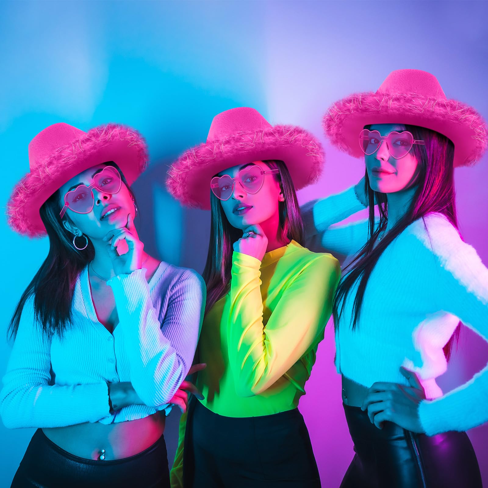 Zhanmai Juego de sombrero de vaquera con boa de plumas y gafas de sol de corazón para niñas, despedida de soltera, fiesta de disfraces