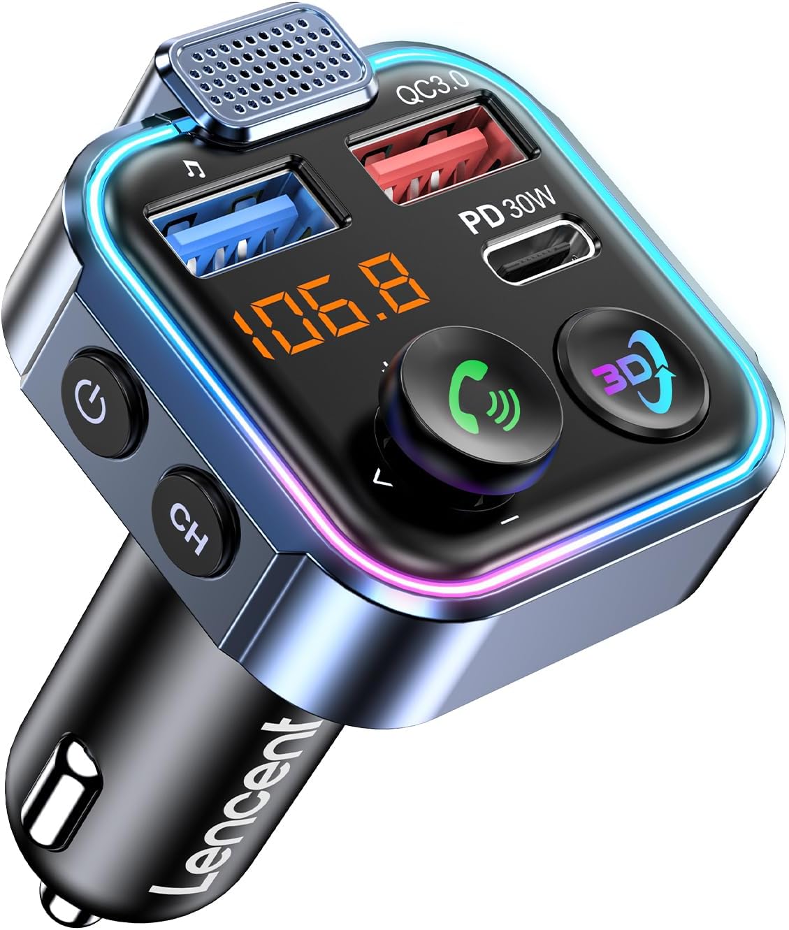 – LENCENT Bluetooth 5.3 FM Transmitter, Wireless Radio Adapter Car Kit with Type-C PD 30W+ QC3.0 Fast USB Charger, Hands-Free Calling, Audio Stereo Mp3 Player Receiver, Supports U Disk, Color Light