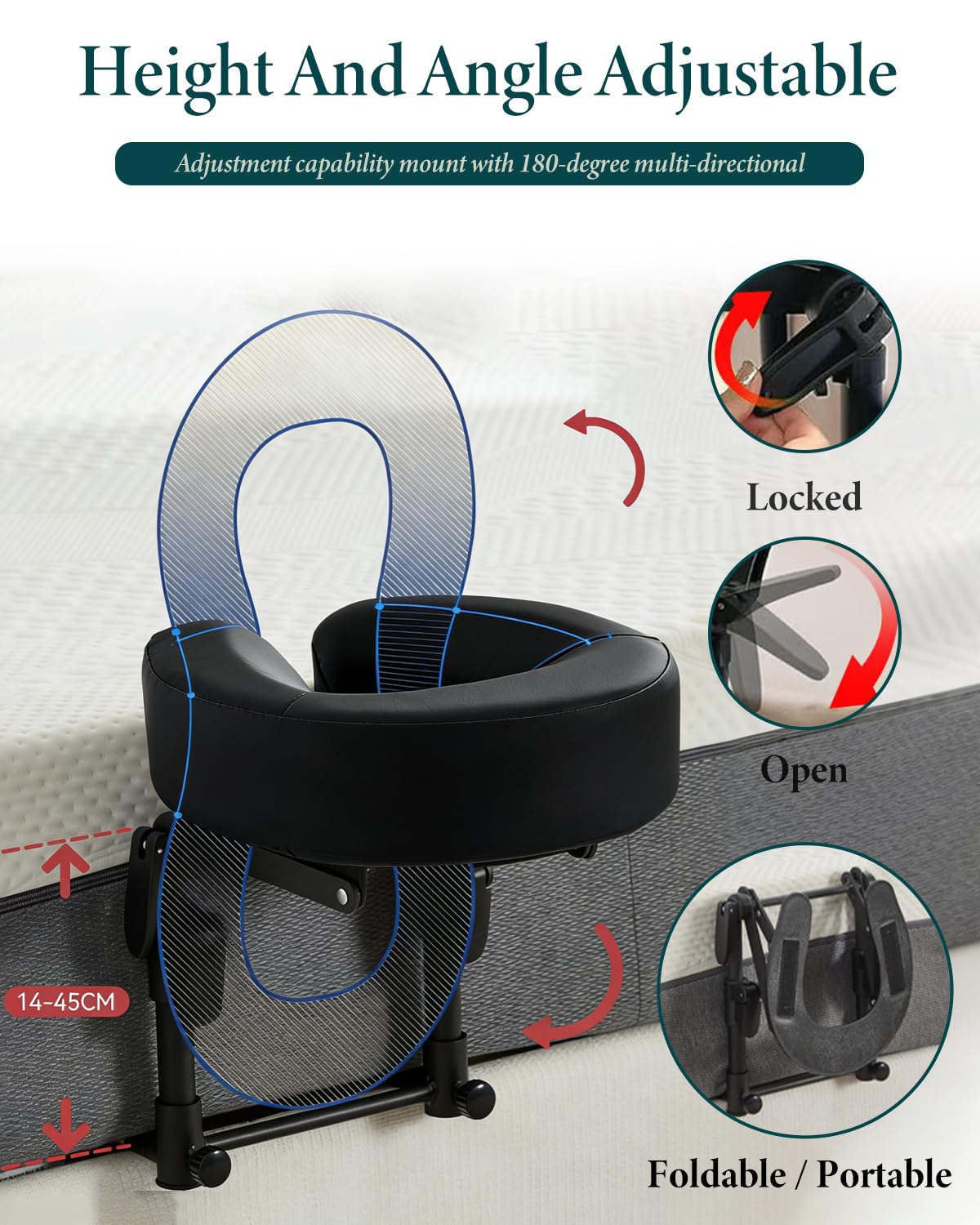 Support de table de massage, appui-tête de massage pour lit, coussin réglable en forme de U, surmatelas de massage avec planche d'accoudoir et sac de rangement (pour matelas de 14 à 45 cm, noir)