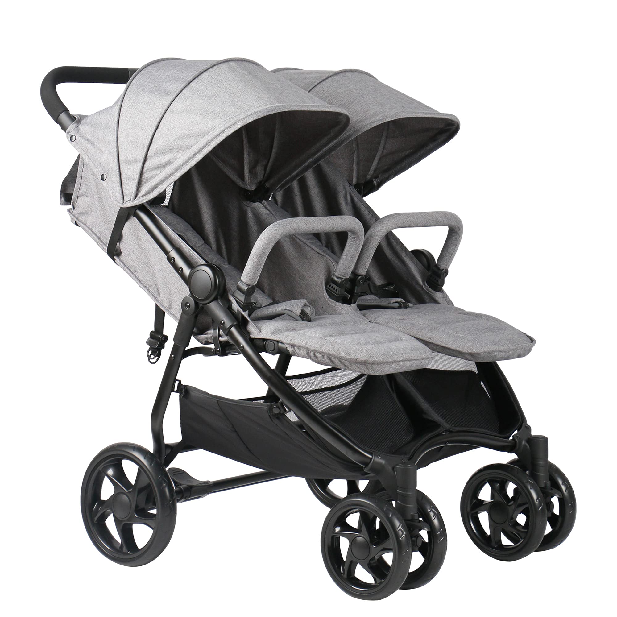 Qaba Side by Side Double Baby Stroller with Adjustable Backrest, Canopy, and Storage Basket, Includes Safety Harness and Shock Suspension, Grey