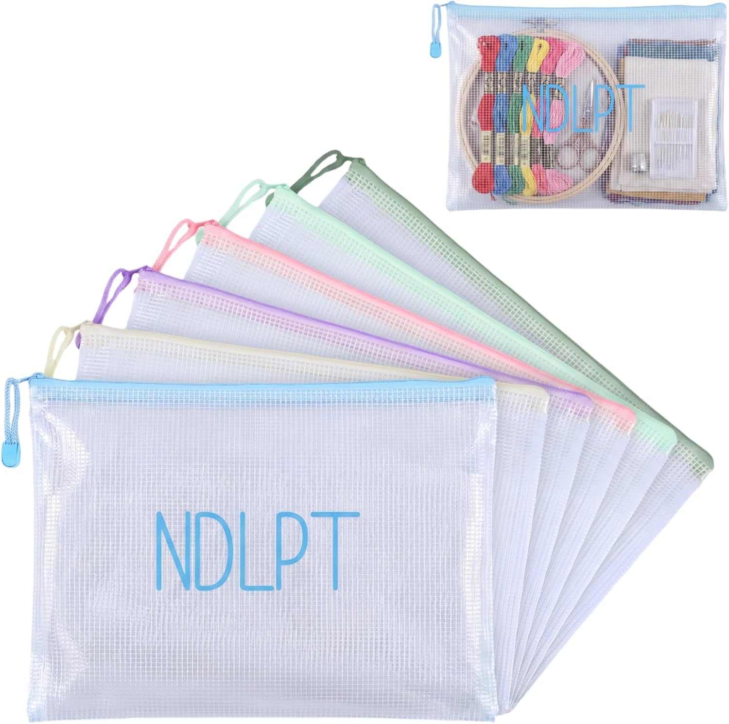 Geetery 6 Pack Needlepoint Project Bags 13x9.5 Inch Pastel Ndlpt Clear Mesh Zipper Pouch Embroidery Organizer Project Bags for Thread Floss Quilting Knitting Stitching Cross Stitch Sewing Accessories