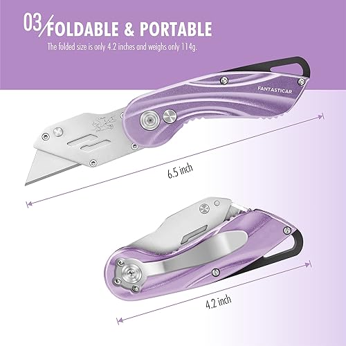 Miniatura 3 de FantastiCAR Cortador de caja plegable, cuchillo utilitario de cambio rápido de hoja, con cuerpo de metal antideslizante, bloqueo de seguridad, 5