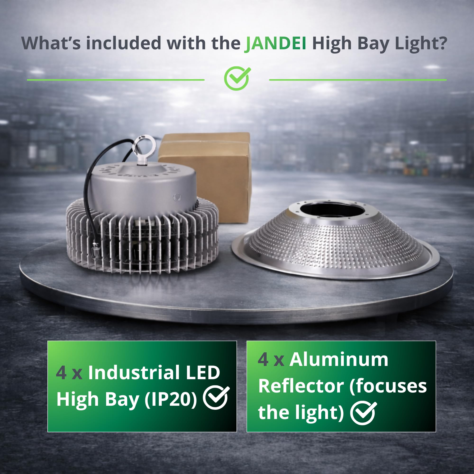 JANDEI - Packung x 4 High Bay LED, Verbrauch 10000 Lumen 100 W, Helle kommerzielle Beleuchtung, 6000 K Kaltweißes Licht, Indoor IP20, 2 Jahre Garantie