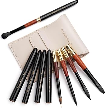 Fuumuui Travel Watercolor Brushes, 5Pcs Professional Plein Air Elegant Natural Squirrel Hair Travel Paint Brush Set with Sable Extended Needle Point Perfect for Watercolor Gouache Ink Painting