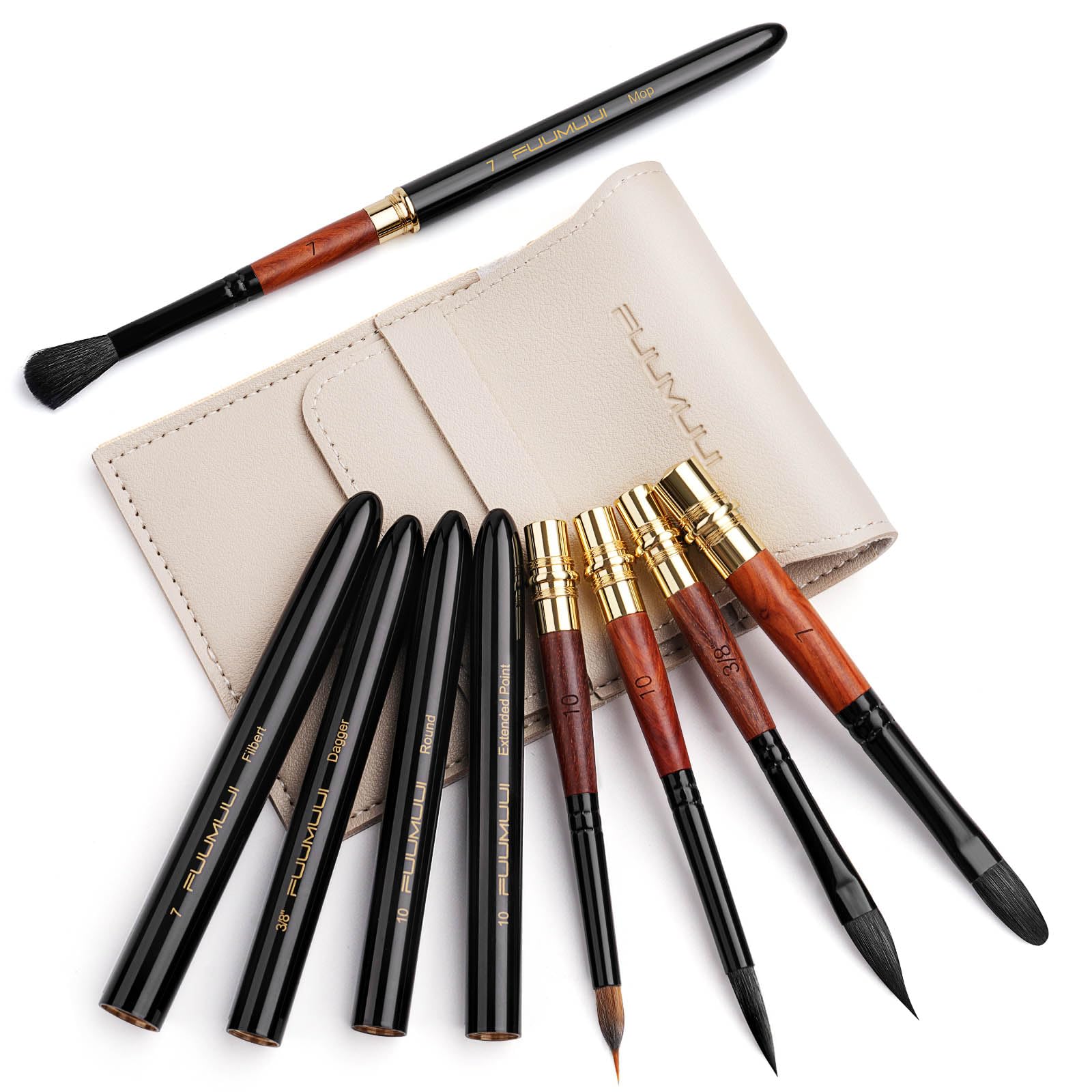 Fuumuui Squirrel Hair Travel Watercolour Brushes 5pcs, Travel Brushes Set Portable Compact Plein Air Artist Brush with Extended Needle Point, Mop Brushes for Watercolour Gouache Ink Painting