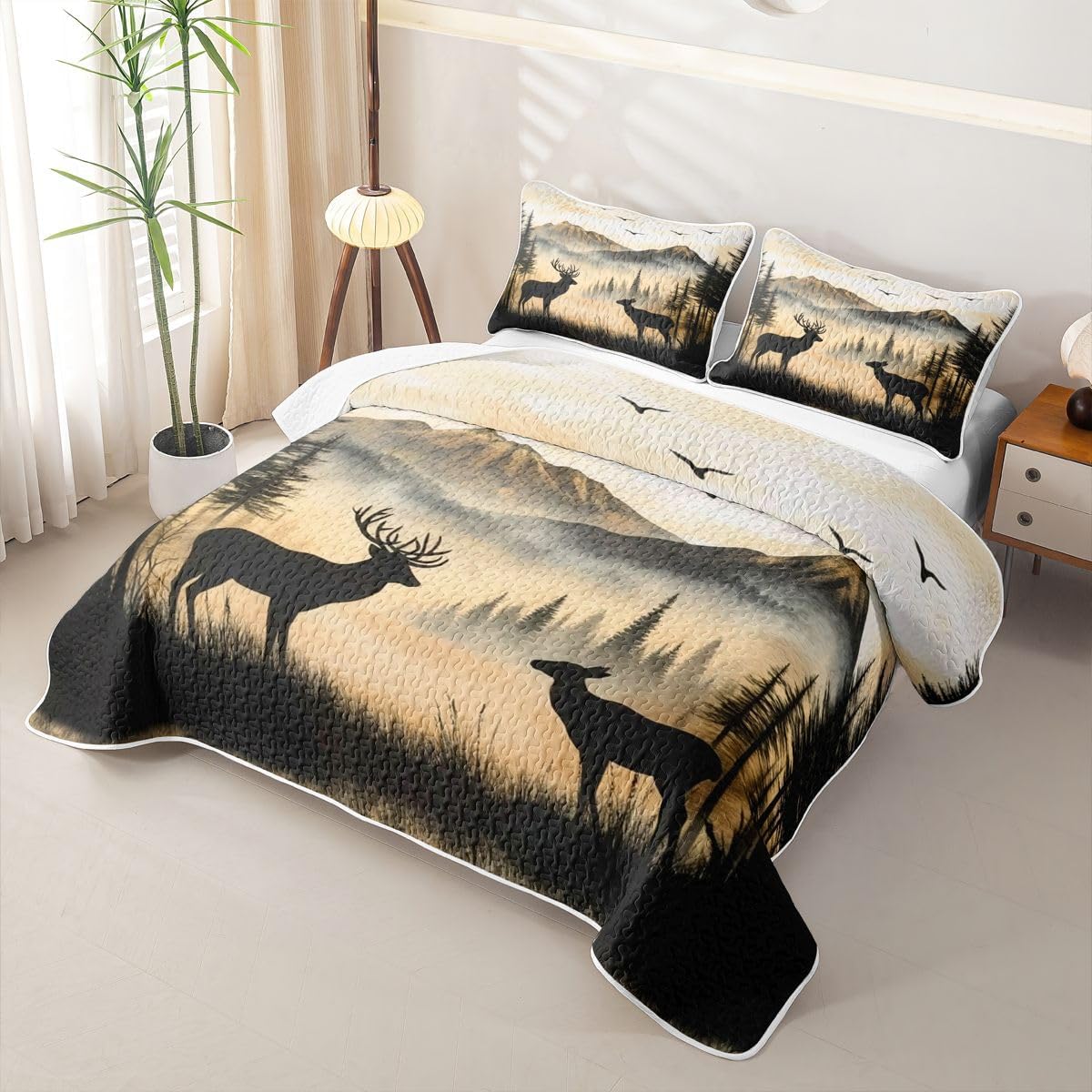 jejeloiu Western Rustic Deer Quilt Set Queen Size Bedspread Kids Boys Girls