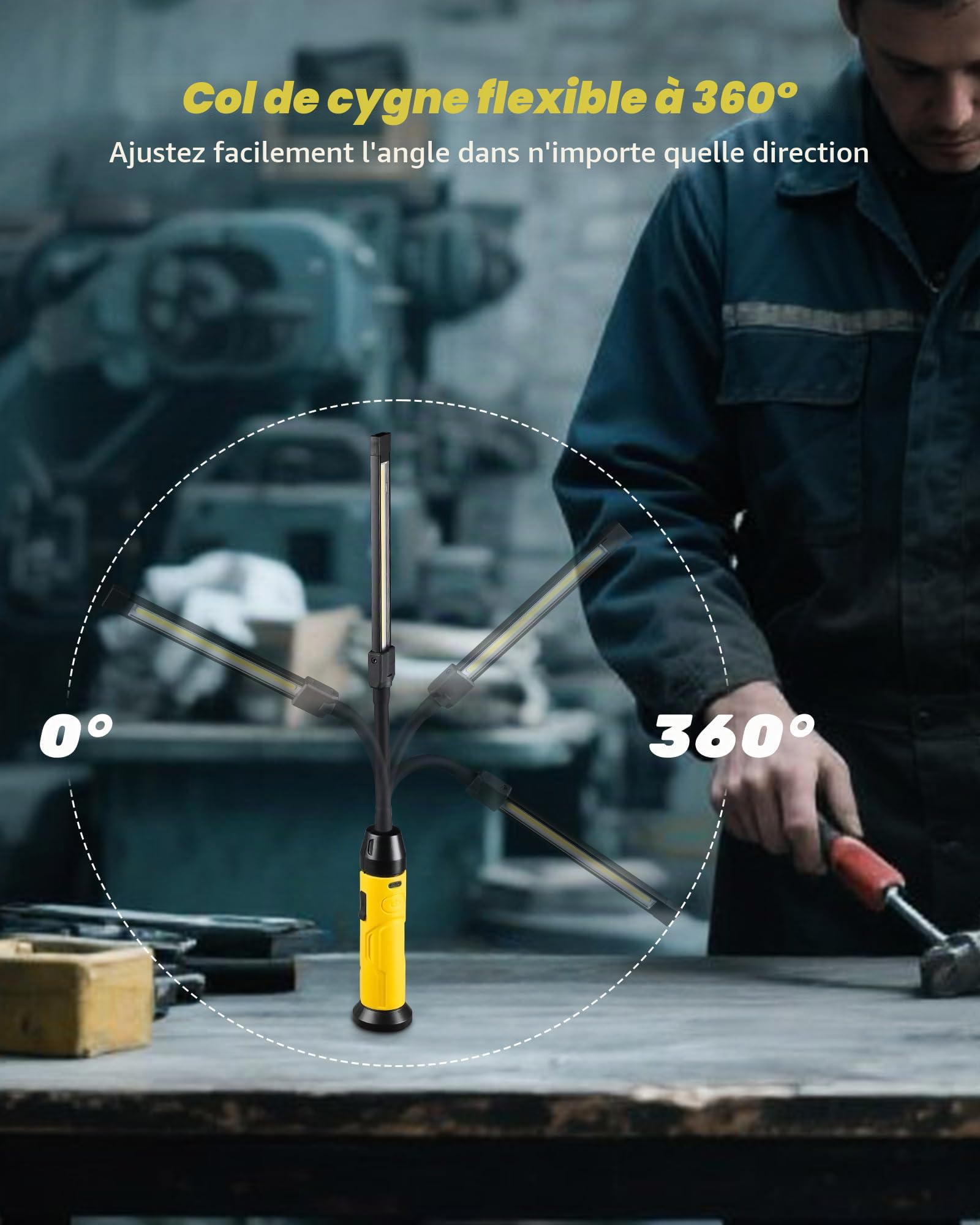 Lampe de Travail LED Rechargeable, 1000 Lumens 2 Modes Baladeuse LED Lampe Atelier avec Bases Magnétiques, 360° Flexible Lampe de Poche pour Garage, Camping, d'urgence, etc