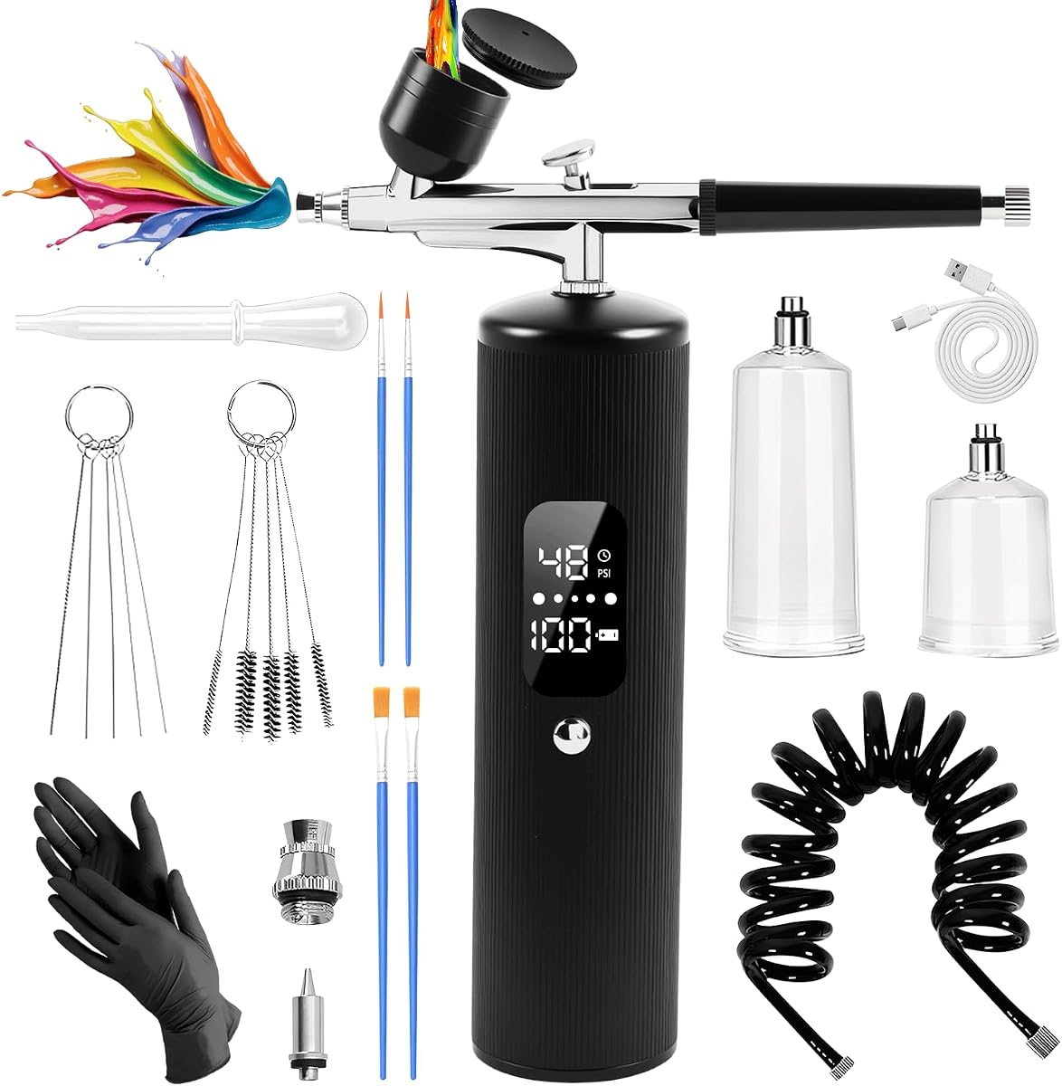 Airbrush Kit With Compressor, 48PSI High Pressure Portable Airbrush, 0.3mm Nozzle Airbrush Gun, 6000 mAh Airbrush Compressor, Airbrush Sets for Nail Art, Painting, Cake Decor, Makeup, Modeling