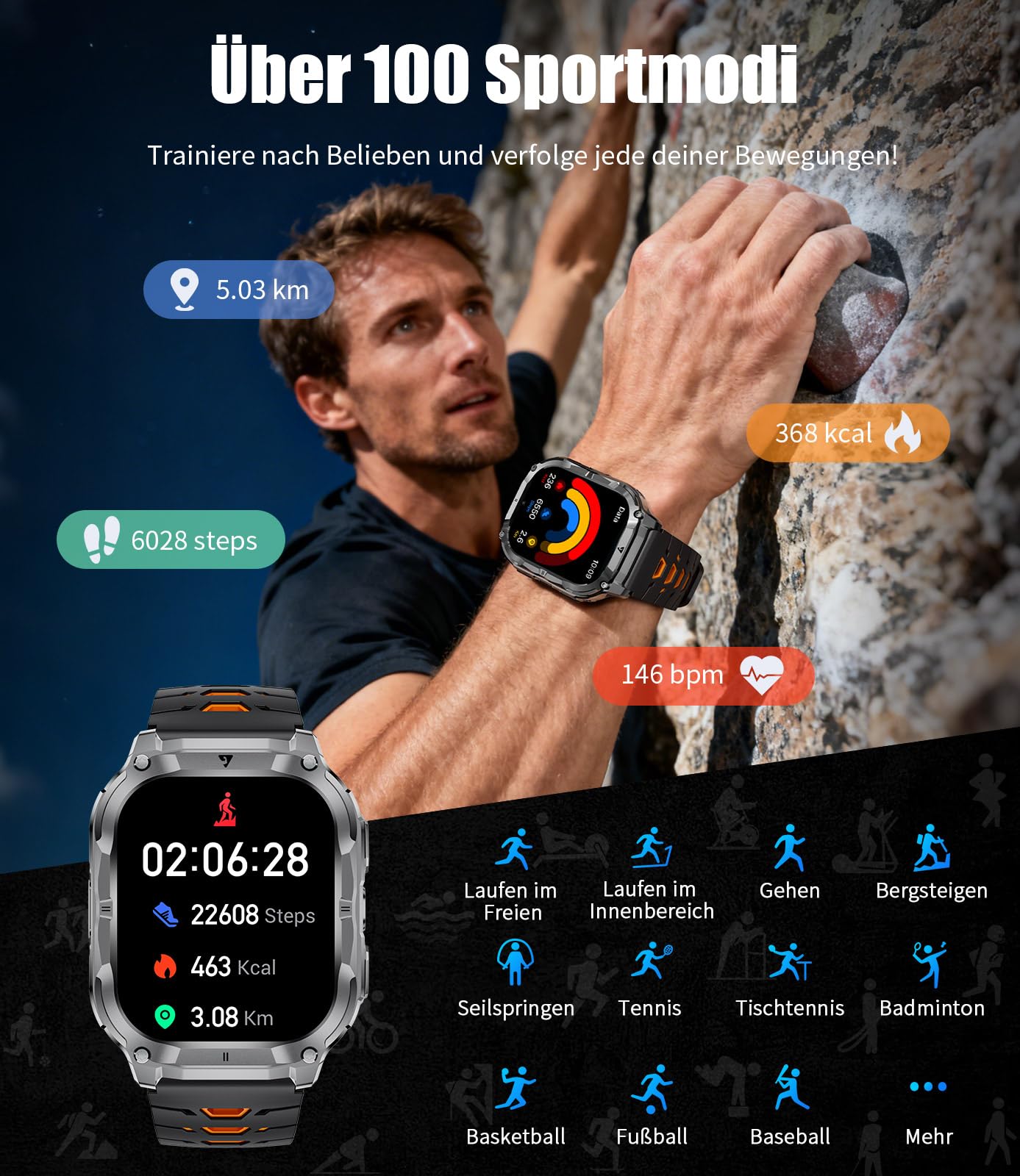 LIGE Militär Smartwatch Herren mit 1000mAh Akku/Telefonfunktion, 2.0" HD Touchscreen Fitnessuhr mit Herzfrequenz/Schlafmonitor/200+ Sportmodi, IP68 Wasserdicht Sportuhr für Android iOS, 3 Armbändern