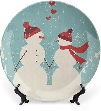 XISUNYA 6 Inch Decorative Plate, Christmas Dinner Plate, Snowman and Woman Couple in Love Valentines Holding Hands Print Ornament Display Plate for Dining Table Setting, Christmas Tablescape