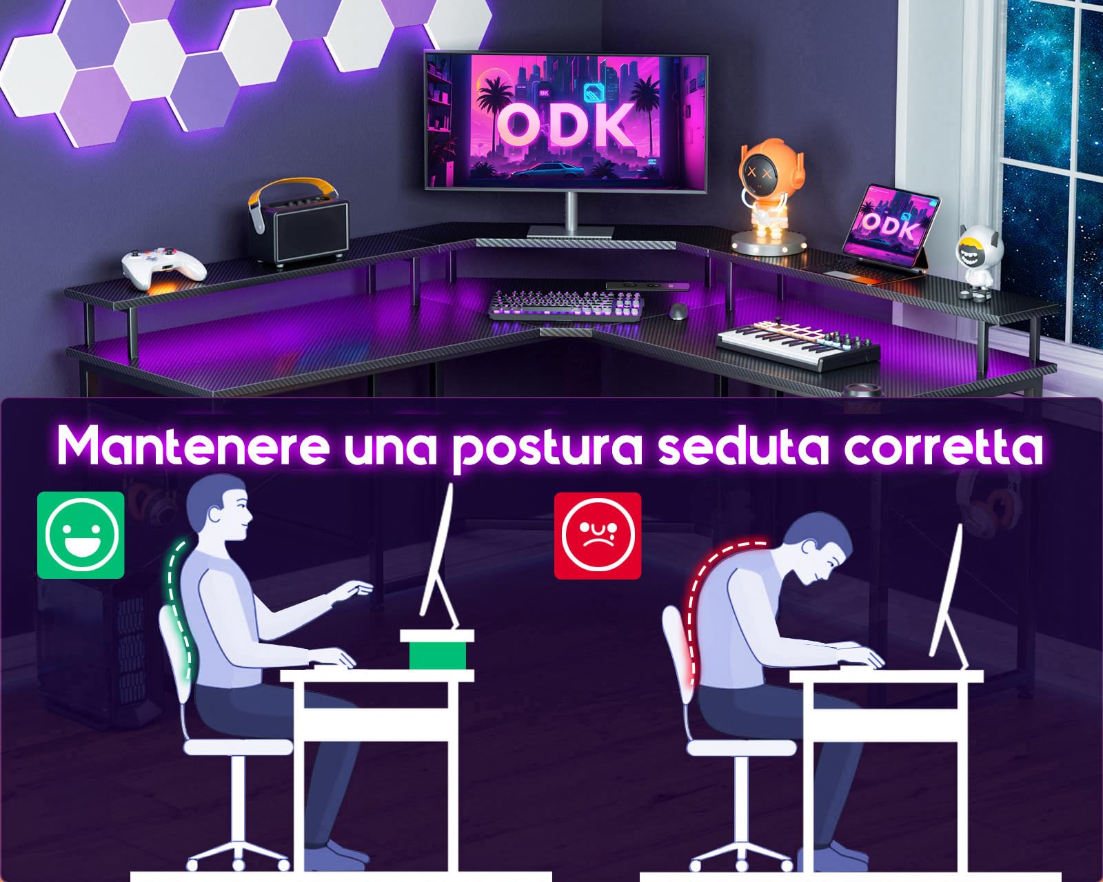 ODK Scrivania Gaming con LED, Scrivania Gaming Angolare con Prese e Porte USB, Supporto per Monitor, Nero Fibra di Carbonio, 129x129 cm