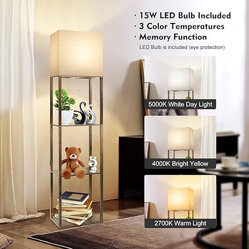 Miniatura 3 de RUNTOP Lámpara de pie Plus con estantes, moderna lámpara de pie con bombilla LED 3CCT de 15 W y función de memoria, lámpara de estante ancho para