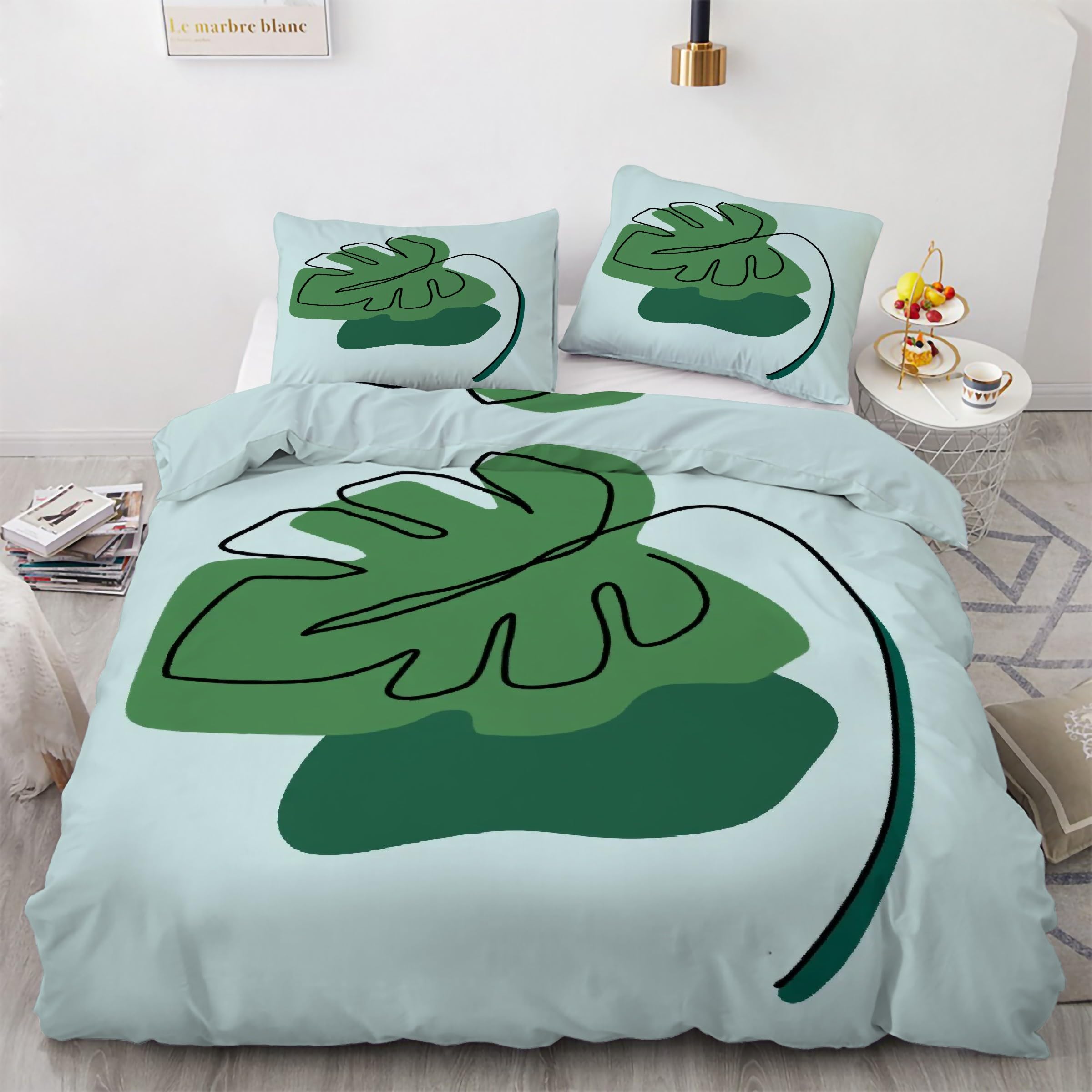Housse de couette 240 x 260 feuille vert et ensemble literie 3 pieces en microfibre douce
