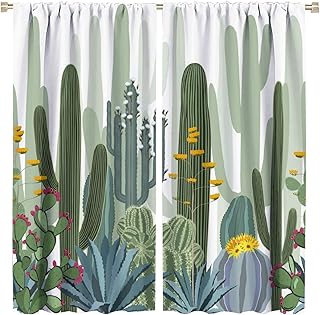 Wild Cactus Kitchen Blackout Curtains,Tropical Watercolor Cactus Forest Green Succulents Flower Print Rod Pocket Window Drapes for Kids Room Living Room 52x84in