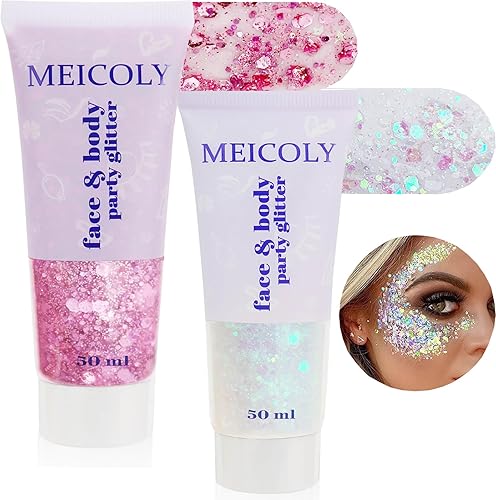 MEICOLY Juego de purpurina rosa y blanca transparente, gel de purpurina facial rosa, accesorios para conciertos de cantantes, festivales, rave,