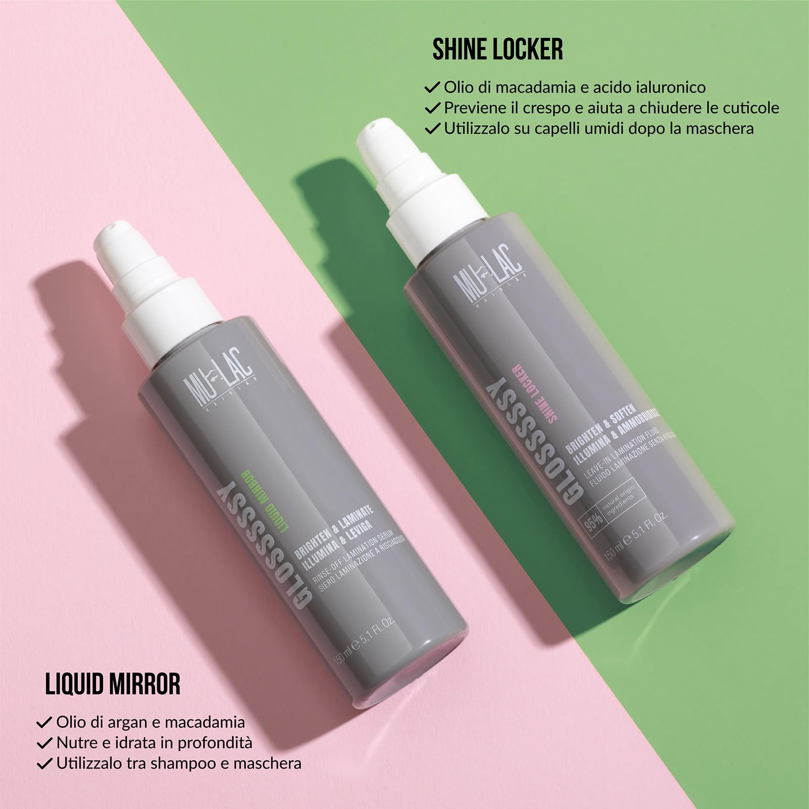 MULAC | GLOSSSSSY - SHINE LOCKER – Fluido Laminazione Senza Risciacquo con Olio di Macadamia e Acido Ialuronico, Effetto Glass Hair e Lucentezza a Specchio, 150 ml