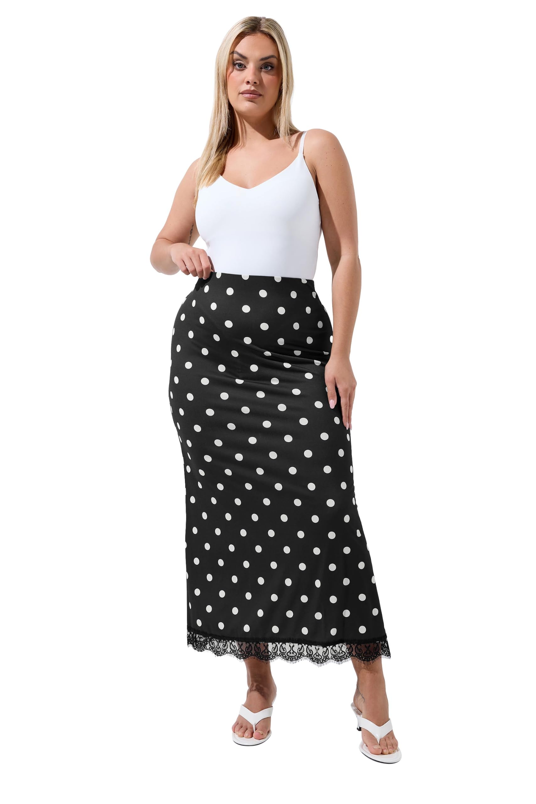 Yours Women's Black Polka Dot Lace Hem Skirt In | Size: 20