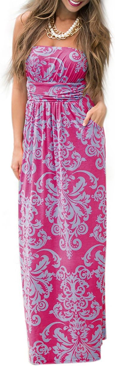 Liebeye Women Baroque Print Off Shoulder Strapless Maxi Dress Rose Red XL