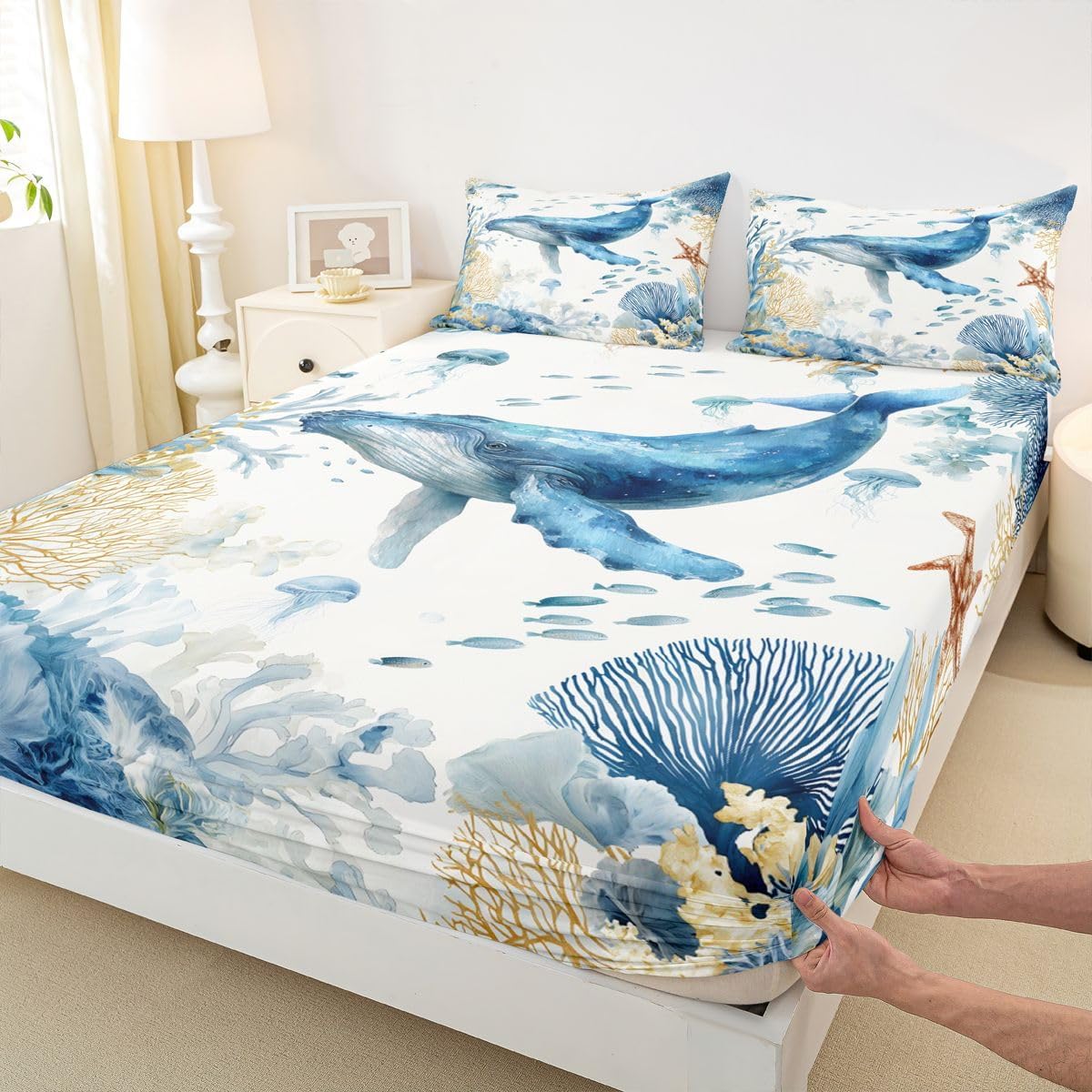 Nautical Coastal Beach Fitted Sheet Full Ocean Themed Whale Bed Sheets Nautical Sea Animal Bedding Set for Kids Boys Girls,Summer Coastal Tropical Bed Cover 3 Pcs