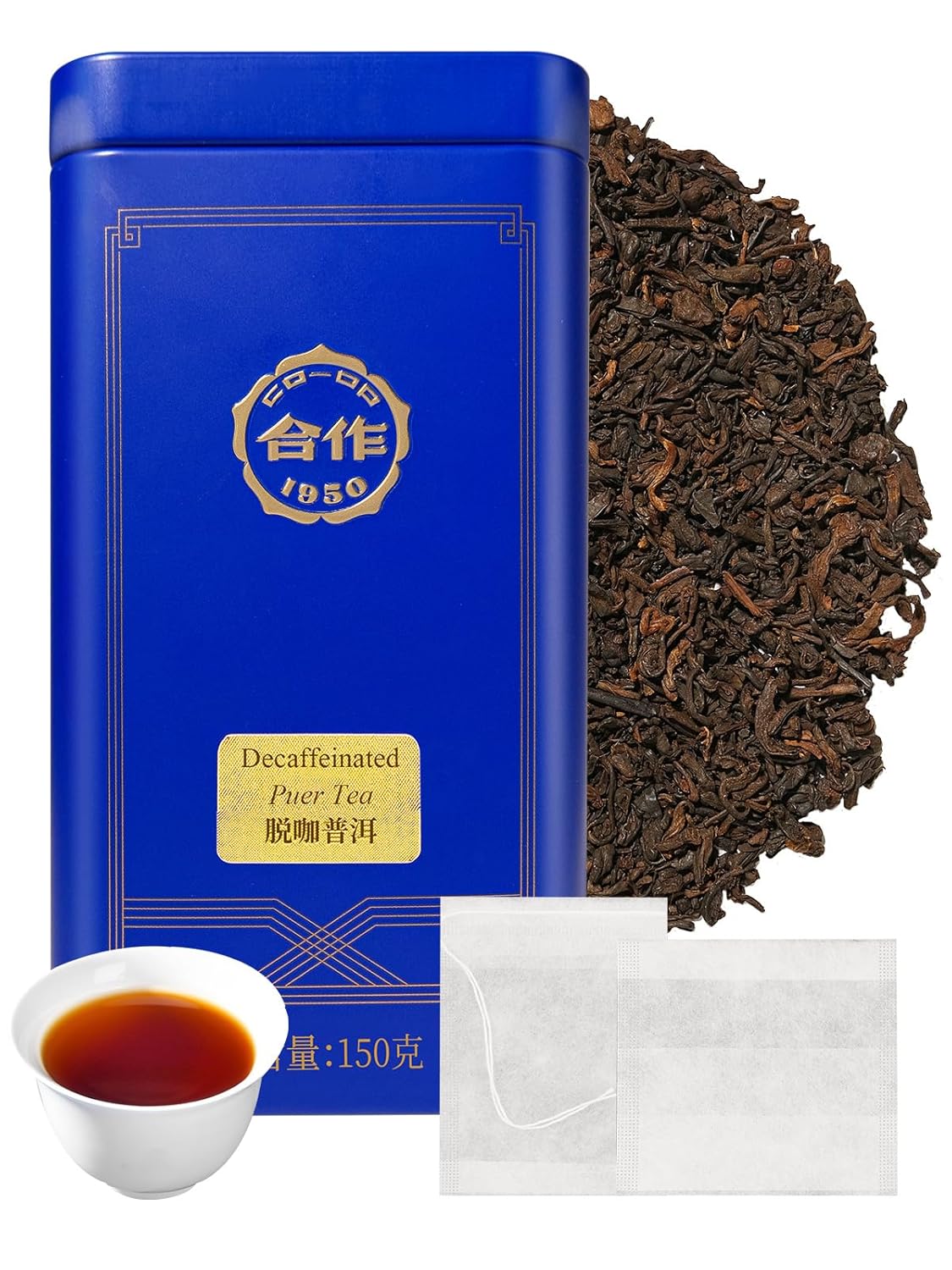 CO-OP 1950 Decaf Puerh Tea Loose Leaf, Decaffeinated, 150g, Premium Yunnan Large-Leaf Aged Fermented Tea, Smooth, Rich & Smooth, No Additives, 20 Empty Teabags Included, Tin