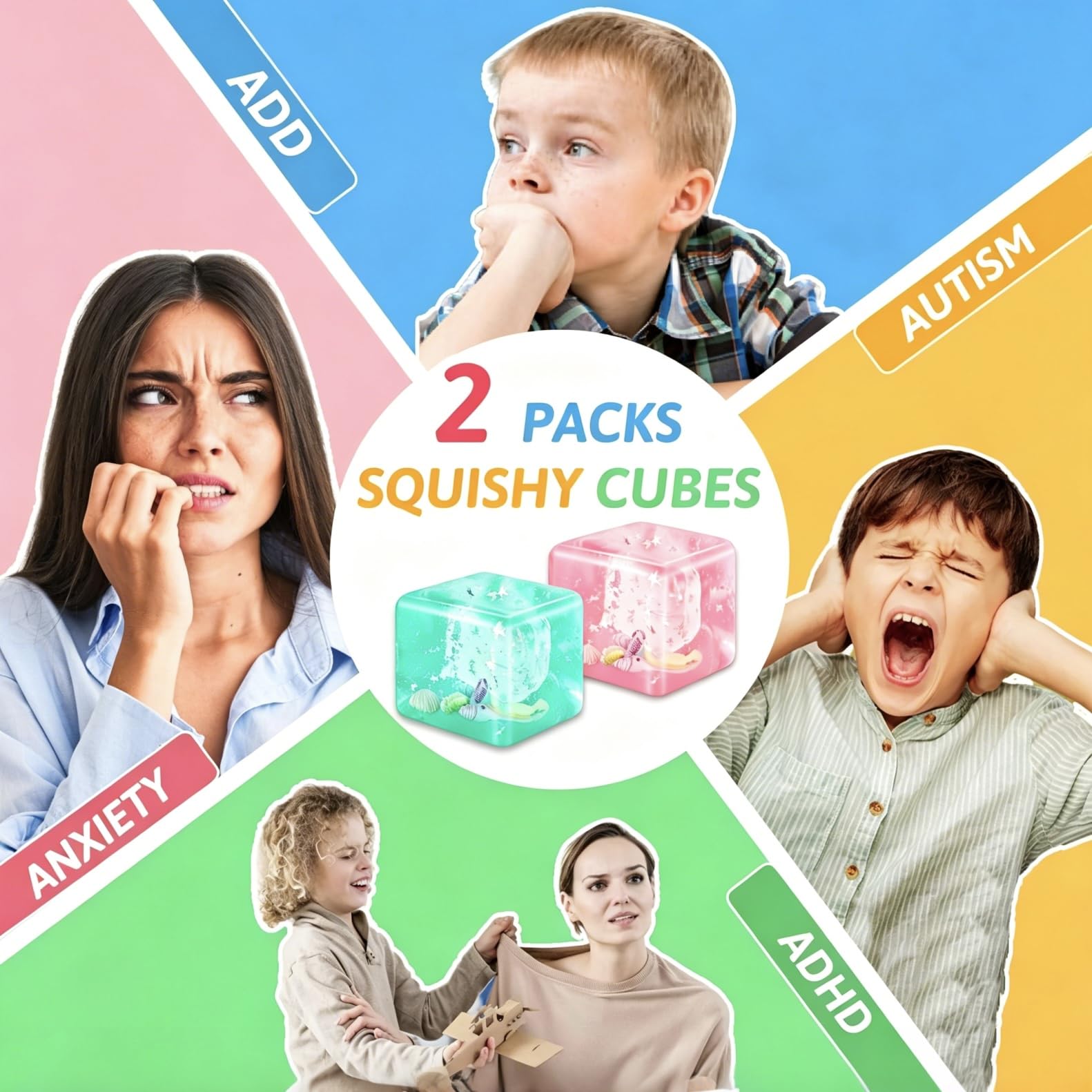 2-częściowe zabawki Squishy Cube Kulki, Kostka Lodu z Cukrowanym Słodkim Miodem z Muszlami i Pływającymi Gwiazdami, Wypełnione Zabawki Squishy Ball dla Dzieci i Dorosłych na Ulgę