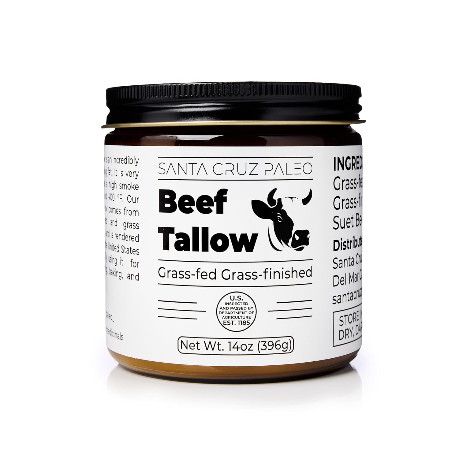 Santa Cruz Paleo Beef Tallow for Skin Care & Cooking, 100% Grass Fed and Finished, Gluten Free, Keto, Sugar Free, Paleo, Use as Lip Balm or Moisturizer, With Vitamin D, E, K, B1, A, Fatty Acids, 14 Oz