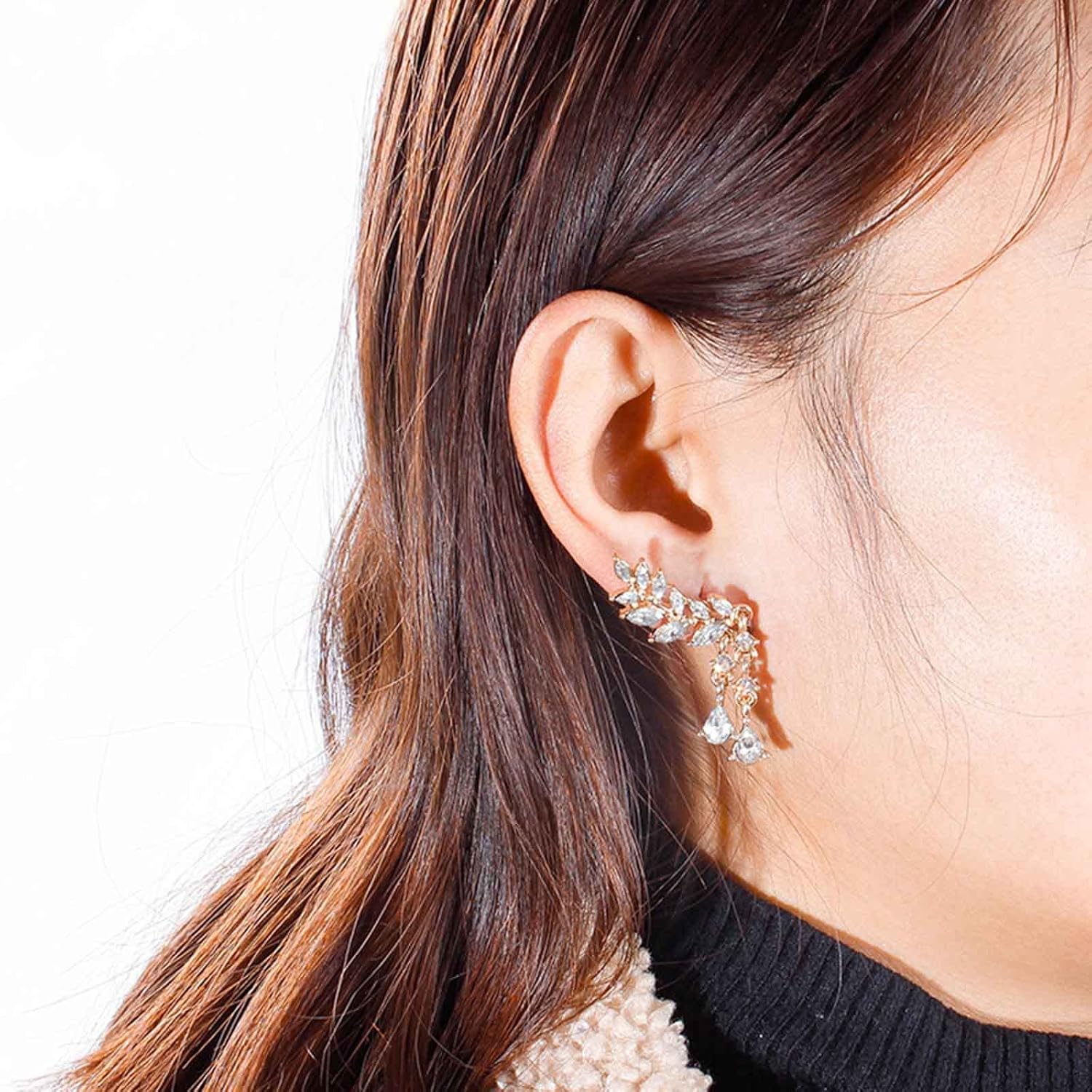 Boho Rhinestone Leaf Ear Climber Earrings Gold Crystal Leaf Dangle Drop Earrings Vintage Leaf Stud Earrings CZ Leaf Crawler Earrings Jewelry for Women - Image 2