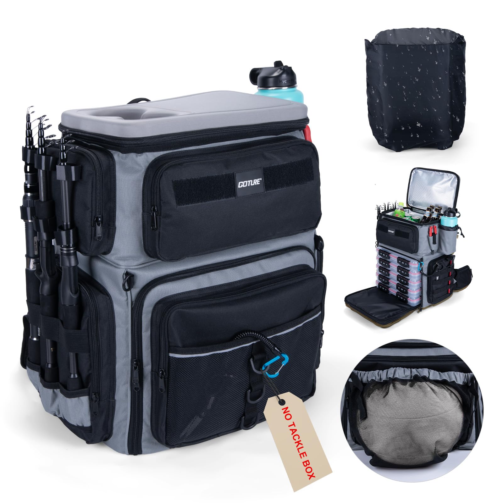 Goture Doppelstöckiger Angelrucksack – 66L wasserdichte Angelgerätetasche mit Exklusivem Fachkonzept, Isolierschicht & Regenschutz, 600D Oxford Eva-Bezug mit 3 Rutenhaltern, Platz für 5 Köderboxen