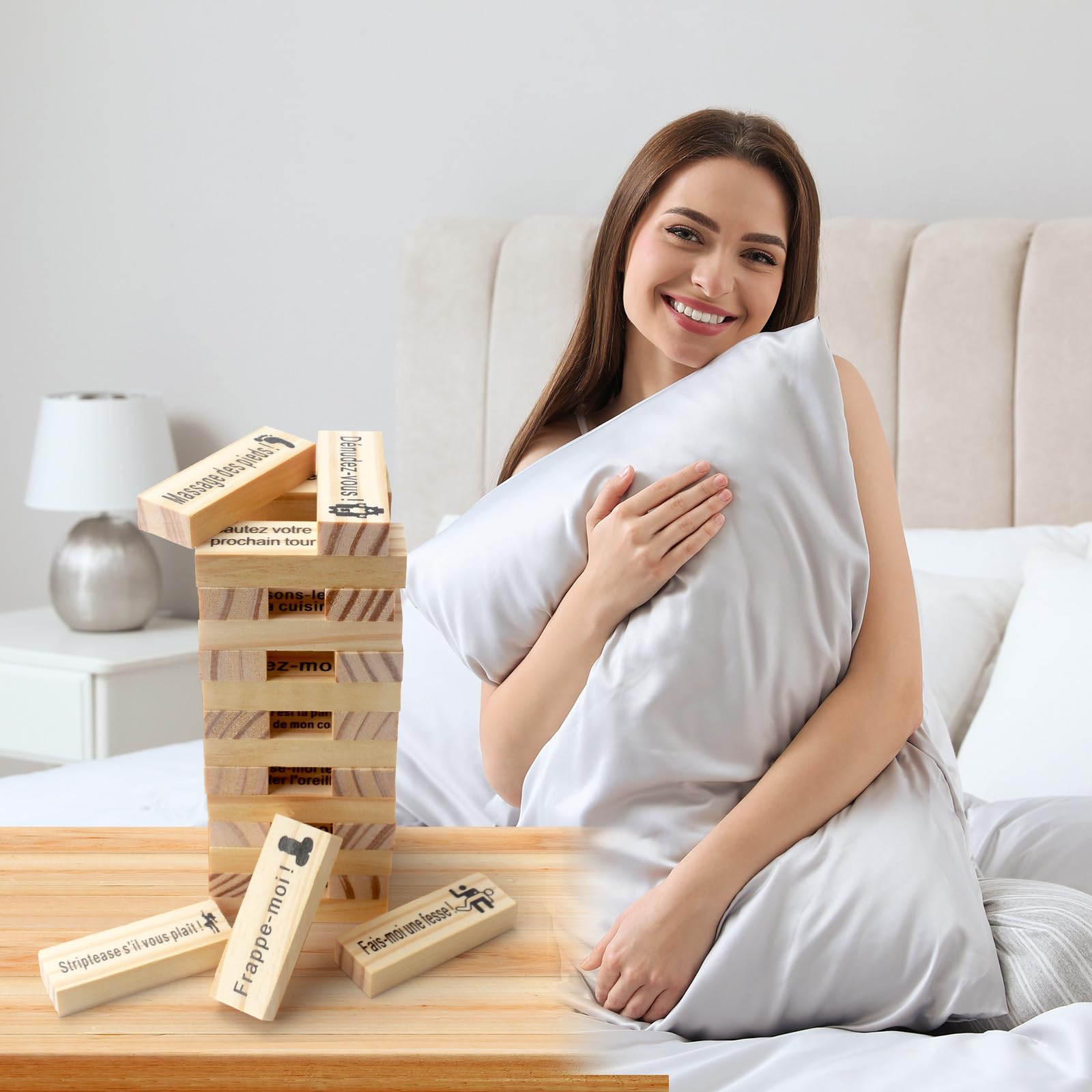 48 Pièces Français Jeu de Tour Blocs Coquins Couples,Lust Tower,Tour de culbutage pour la Saint-Valentin et Soirée Romantique,Jeu d'Empilage pour Couples,Blocs Empilables en Bois pour Adultes