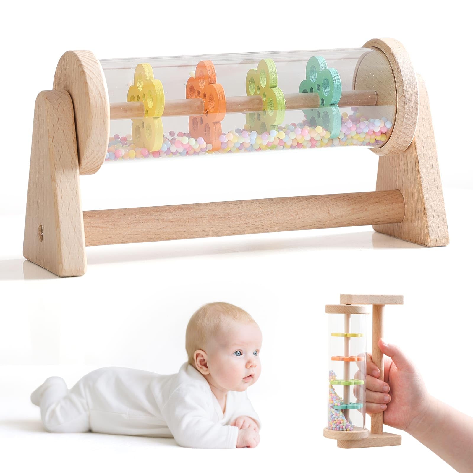 IEATFO Rain Stick Toy with Stand - Sensory Sound Training Tool for Kids, Tummy Time Musical Instrument for Infant Development | Rainmaker with Wooden