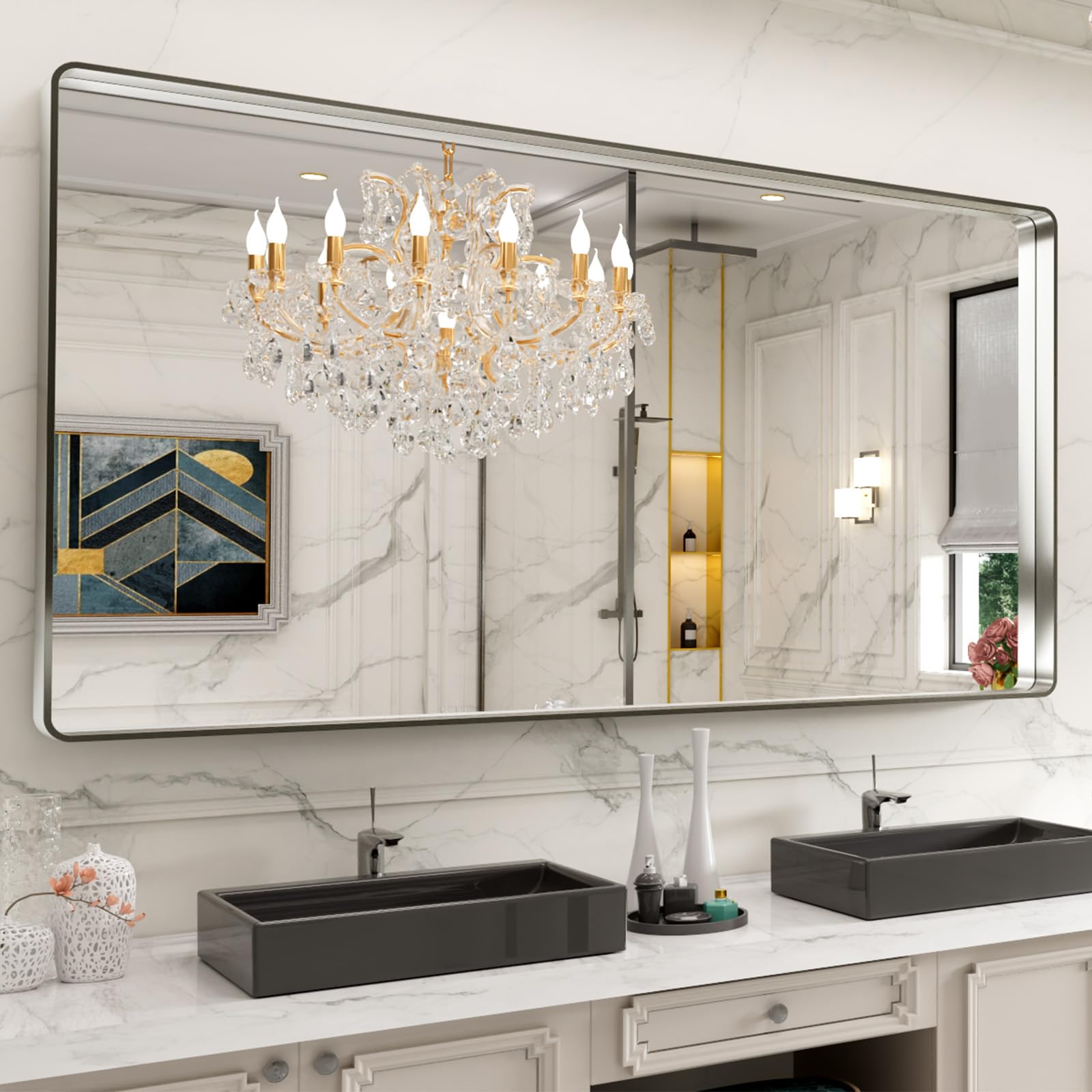 LOAAO Black Metal Framed Bathroom Mirror for Wall, 22X30 Inch Rounded Rectangle Mirror, Matte Black Bathroom Vanity Mirror Farmhouse, Anti-Rust, Hangs Horizontally or Vertically — view 98