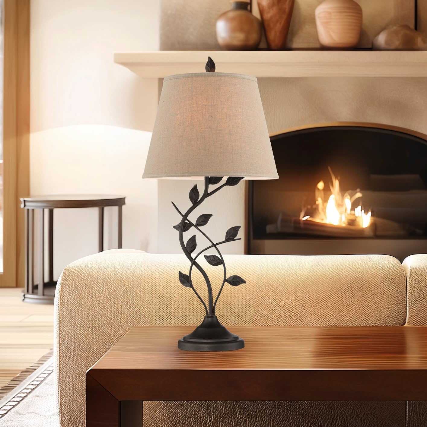 Kira Home Ambrose 31" Traditional Rustic Table Lamp + Beige Fabric Shade, Leaf Detailed Body, 7W LED Bulb (Energy Efficient, Eco-Friendly), Matte Black Finish
