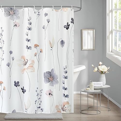 Miniatura 7 de Juego de cortinas de ducha  Cortina de baño floral con flores azules y beige, cortina de ducha para baño, juego de cortina de ducha de tela